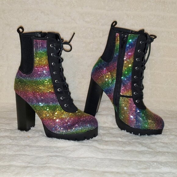 Rainbow Sparkle Rhinestone Chunky High Heel Ankle Boots - Picture 7 of 17